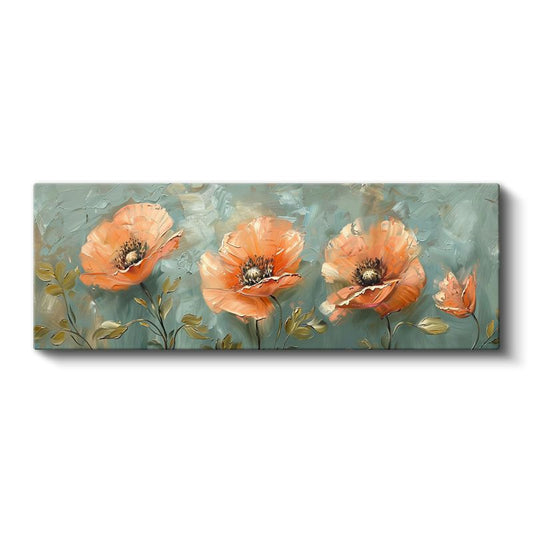 Turuncu Gelincikler - Turkuaz Fonda Yağlı Boya Efektli Kanvas Tablo