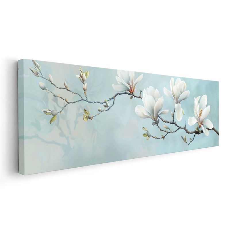 Beyaz Manolya Dalı - Turkuaz Fonda Bahar Esintisi Kanvas Tablo