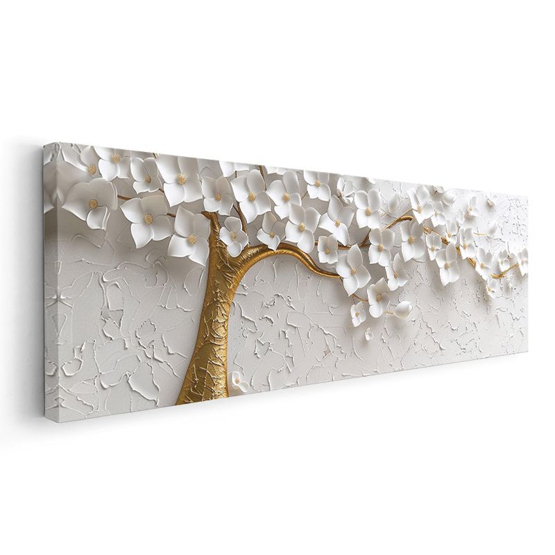 Beyaz Çiçek Ağacı - Altın Gövdeli Kabartma Görünümlü Tasarım Kanvas Tablo
