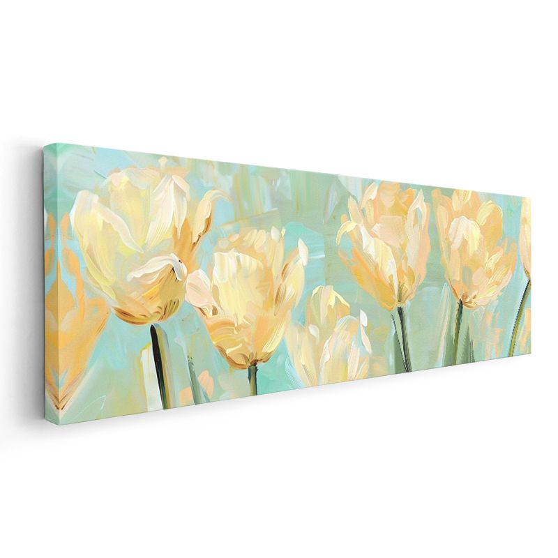 Sarı Laleler - Turkuaz Fonda Panoramik Çiçek Serisi Kanvas Tablo