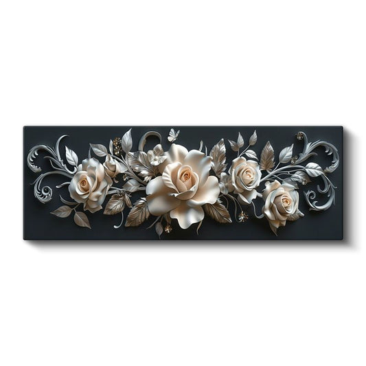 Zarif Güller - 3D Kabartma Efektli Krem Rengi Çiçek Kompozisyonu Kanvas Tablo