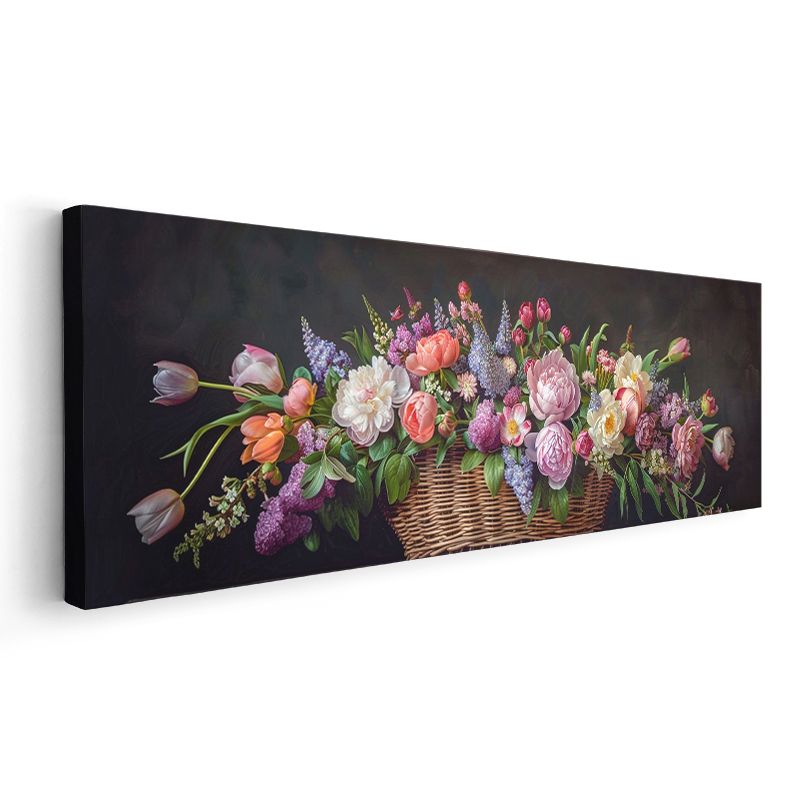 Çiçek Buketi - Hasır Sepette Renkli Mevsim Çiçekleri Koleksiyonu Kanvas Tablo