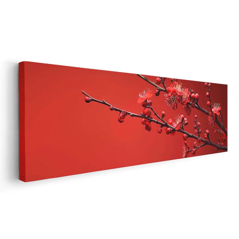 Kiraz Çiçeği Dalı - Canlı Kırmızı Zeminde Bahar Tomurcukları Kanvas Tablo