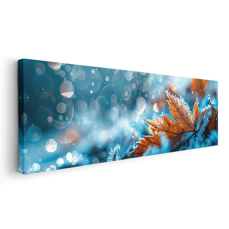 Sonbahar Yaprağı - Mavi Tonlarda Kristal Buz Efektli Doğa Detayı Kanvas Tablo