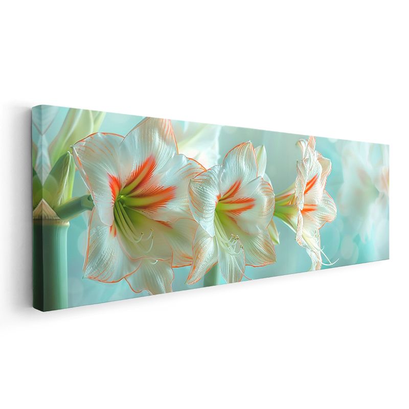 Beyaz Amarilis - Turkuaz Fonda Narin Çiçek Detayları Kanvas Tablo