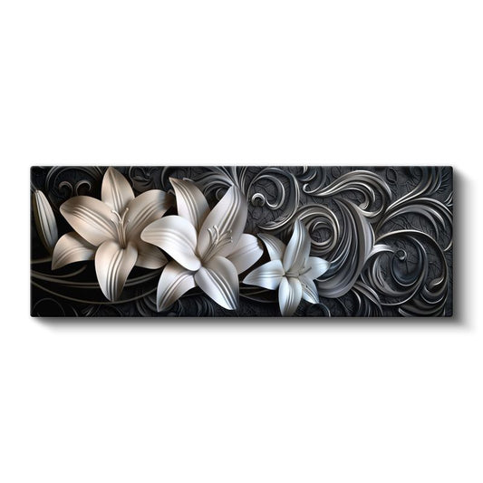 Beyaz Zambaklar - Siyah Zeminde Zarif Kıvrımlı Tasarım Kanvas Tablo
