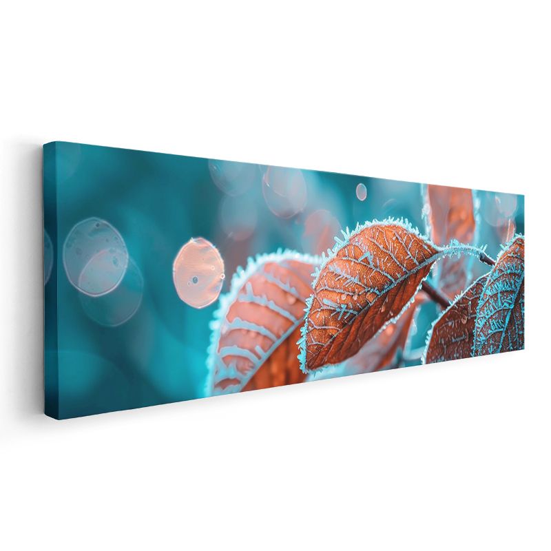 Kış Yaprakları - Turkuaz Zeminde Turuncu Detaylı Buzlu Doğa Kanvas Tablo