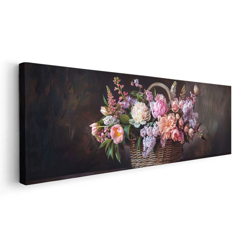 Klasik Çiçek Sepeti - Şakayık ve Leylak Çiçekleri Natürmort Kanvas Tablo