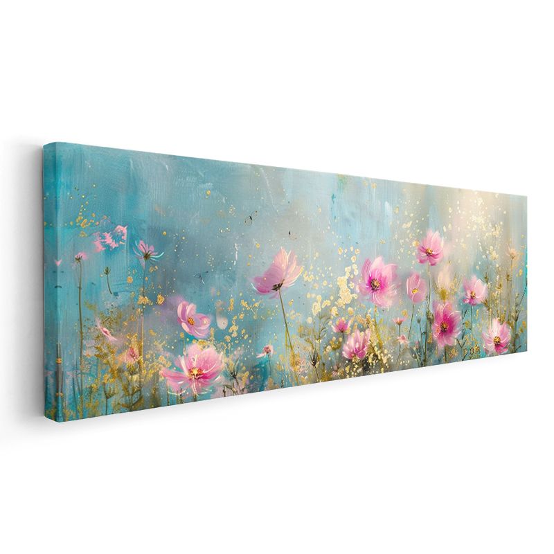 Pembe Papatyalar - Mavi ve Altın Detaylı Suluboya Tarzı Çiçek Bahçesi Kanvas Tablo