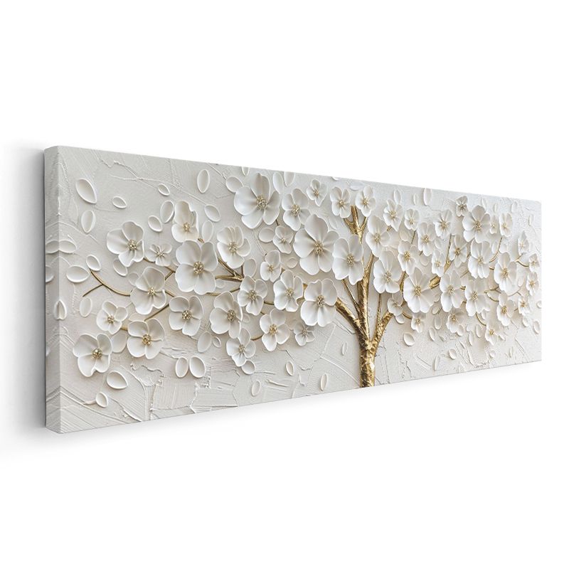 Beyaz Çiçekli Ağaç - Altın Gövdeli 3D Kabartma Görünümlü Zarif Tasarım Kanvas Tablo