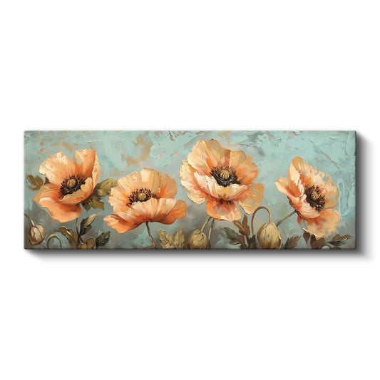 Turuncu Gelincikler - Pastel Mavi Arka Planlı Yağlı Boya Tarzı Çiçek Serisi Kanvas Tablo