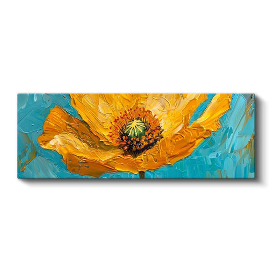 Turuncu Gelincik - Mavi Arka Planlı Kalın Boya Dokulu Çiçek Kanvas Tablo