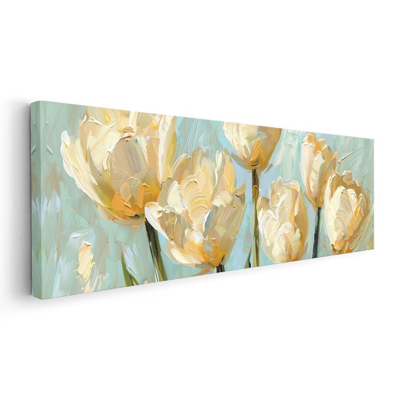 Krem Laleler - Pastel Mavi Arka Planlı Yağlı Boya Tarzı Çiçek Serisi Kanvas Tablo