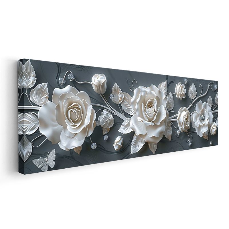 Zarif Güller - Koyu Gri Zeminde 3D Kabartma Görünümlü Beyaz Çiçekler Kanvas Tablo