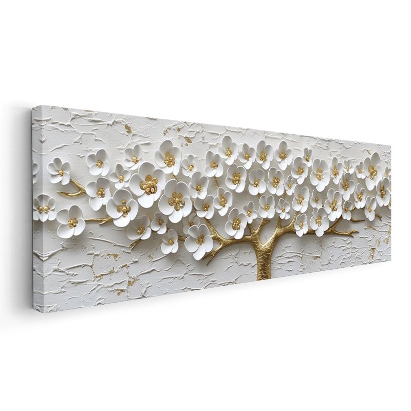 Beyaz Çiçekli Ağaç - Altın Gövdeli 3D Kabartma Görünümlü Zarif Tasarım Kanvas Tablo