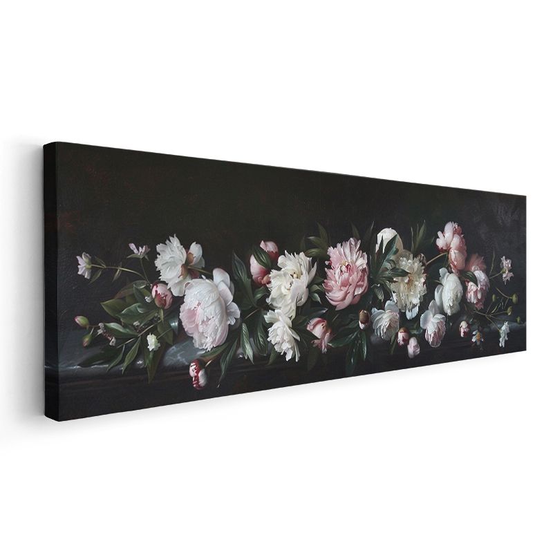 Klasik Şakayıklar - Siyah Zeminde Pembe ve Beyaz Çiçekler Natürmort Kanvas Tablo