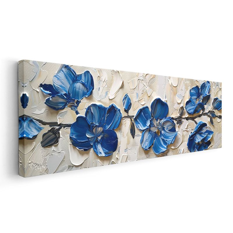 Mavi Çiçekler - Krem Zeminde Kalın Boya Dokulu 3D Kabartma Görünümlü Kanvas Tablo