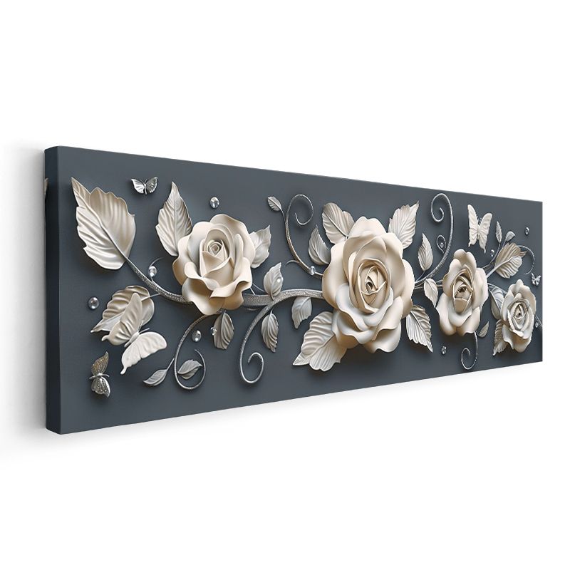 Zarif Güller - Koyu Gri Zeminde Kelebek Detaylı Kabartma Görünümlü Kanvas Tablo