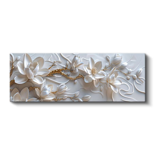 Beyaz Manolyalar - Altın Detaylı 3D Kabartma Görünümlü Zarif Tasarım Kanvas Tablo
