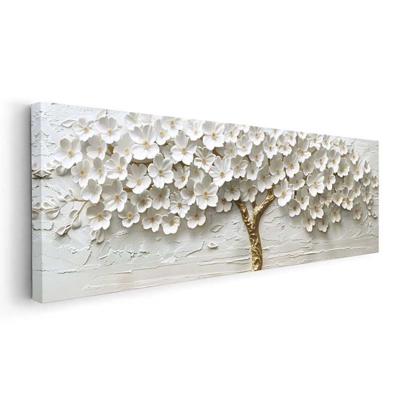 Beyaz Çiçekli Ağaç - Altın Gövdeli 3D Kabartma Görünümlü Tekniği Zarif Tasarım Kanvas Tablo