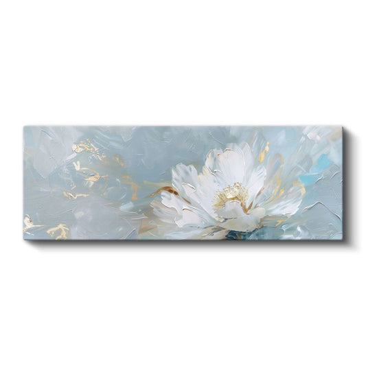 Beyaz Çiçek - Mavi Arka Planlı Altın Detaylı Yağlı Boya Tarzı Kanvas Tablo