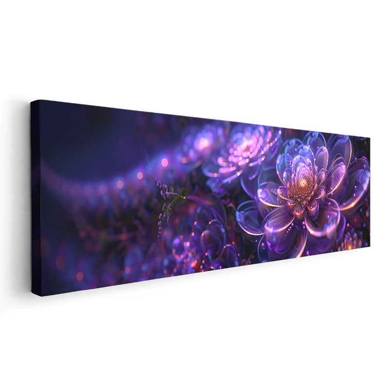 Fantastik Çiçekler - Mor Zeminde Işıltılı Dijital Sanat Tasarımı Kanvas Tablo