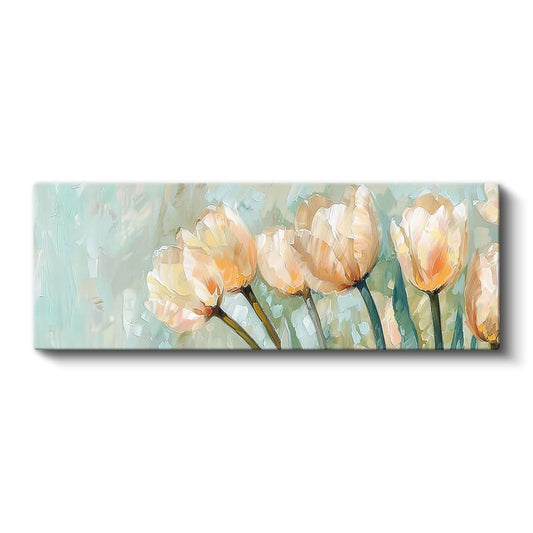 Şeftali Laleler - Pastel Mavi Arka Planlı Yağlı Boya Tarzı Çiçek Serisi Kanvas Tablo