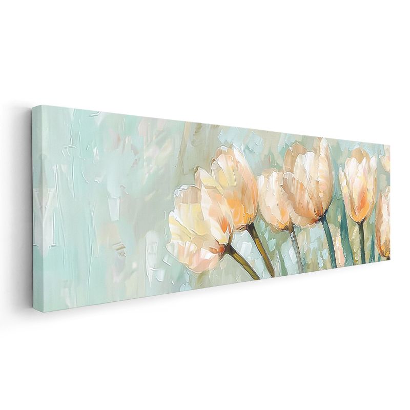Şeftali Laleler - Pastel Mavi Arka Planlı Yağlı Boya Tarzı Çiçek Serisi Kanvas Tablo
