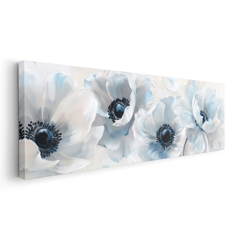 Mavi Anemonlar - Siyah Merkezli Beyaz Zeminde Yağlı Boya Tarzı Kanvas Tablo