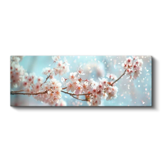 Kiraz Çiçekleri - Mavi Gökyüzü Altında Işık Efektli Bahar Dalları Kanvas Tablo