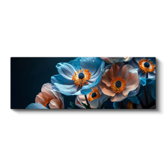 Mavi Anemonlar - Turuncu Merkezli Siyah Zeminde Çiçek Fotoğrafı Kanvas Tablo