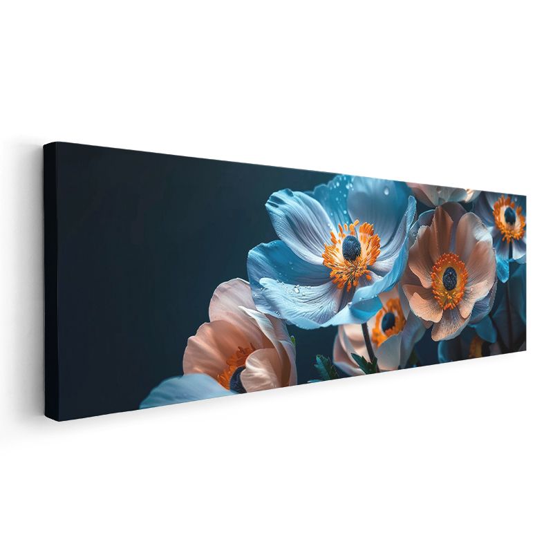 Mavi Anemonlar - Turuncu Merkezli Siyah Zeminde Çiçek Fotoğrafı Kanvas Tablo