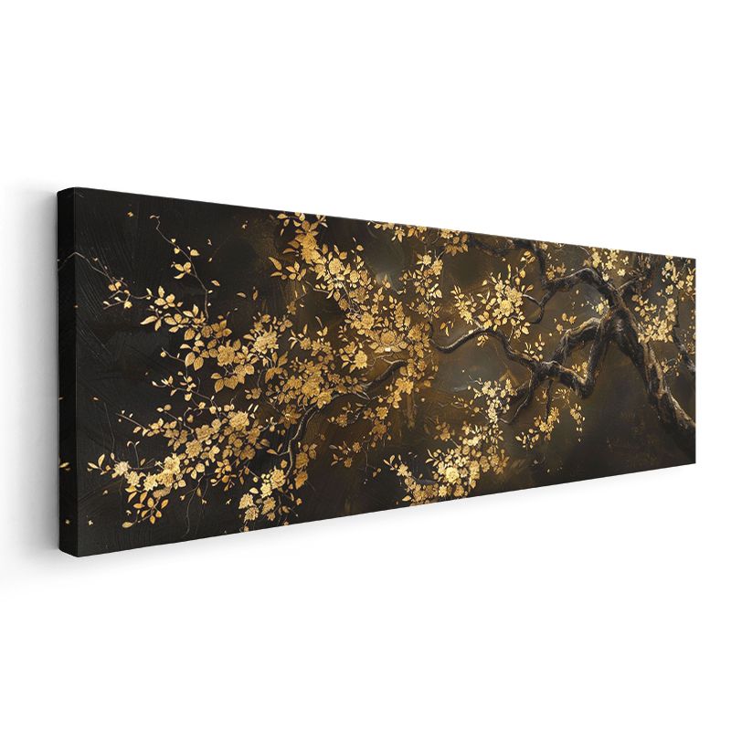 Altın Yapraklı Ağaç - Siyah Zeminde Sonbahar Temalı Sanatsal Kompozisyon Kanvas Tablo