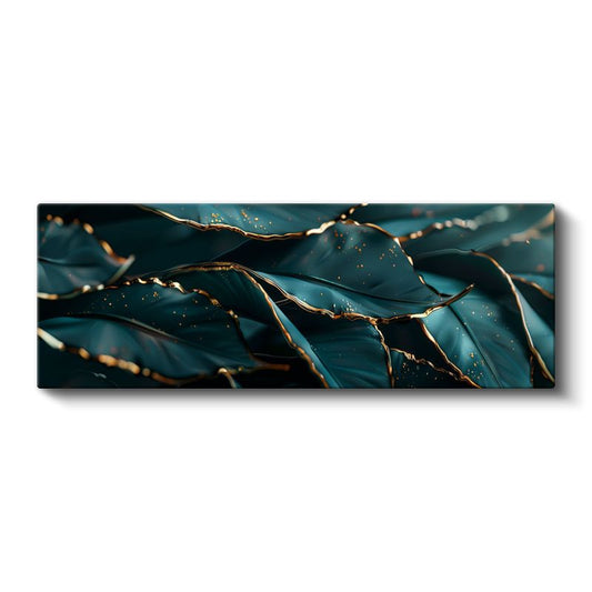 Lüks Yapraklar - Turkuaz Zeminde Altın Kenarlı Botanik Tasarım Kanvas Tablo