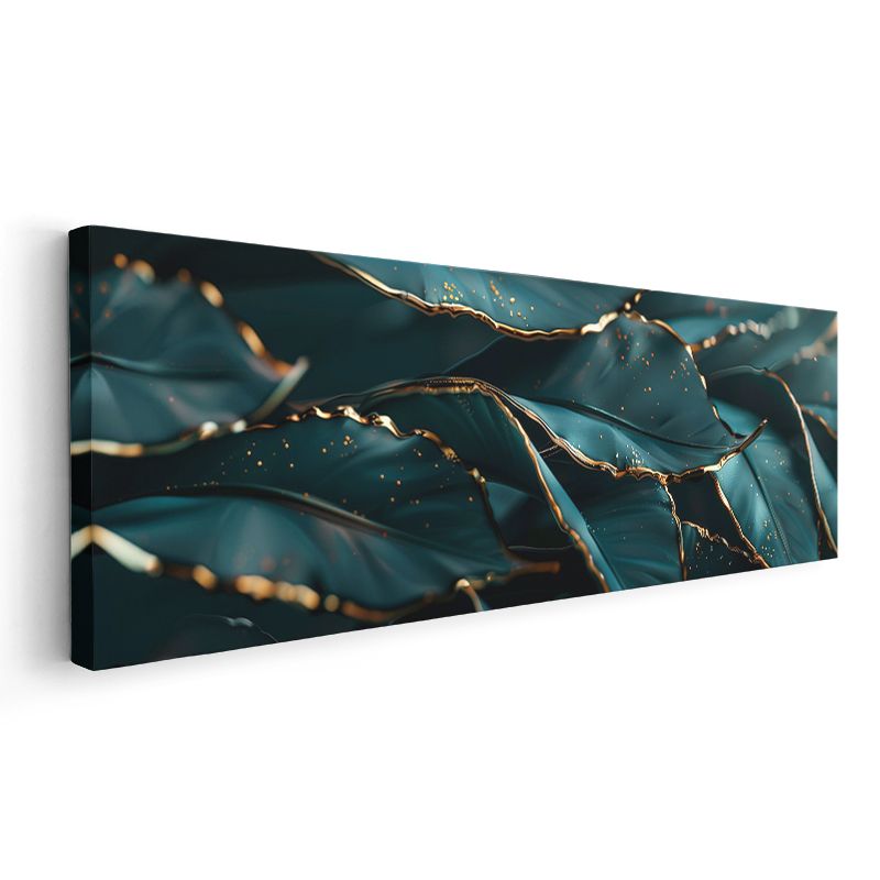 Lüks Yapraklar - Turkuaz Zeminde Altın Kenarlı Botanik Tasarım Kanvas Tablo