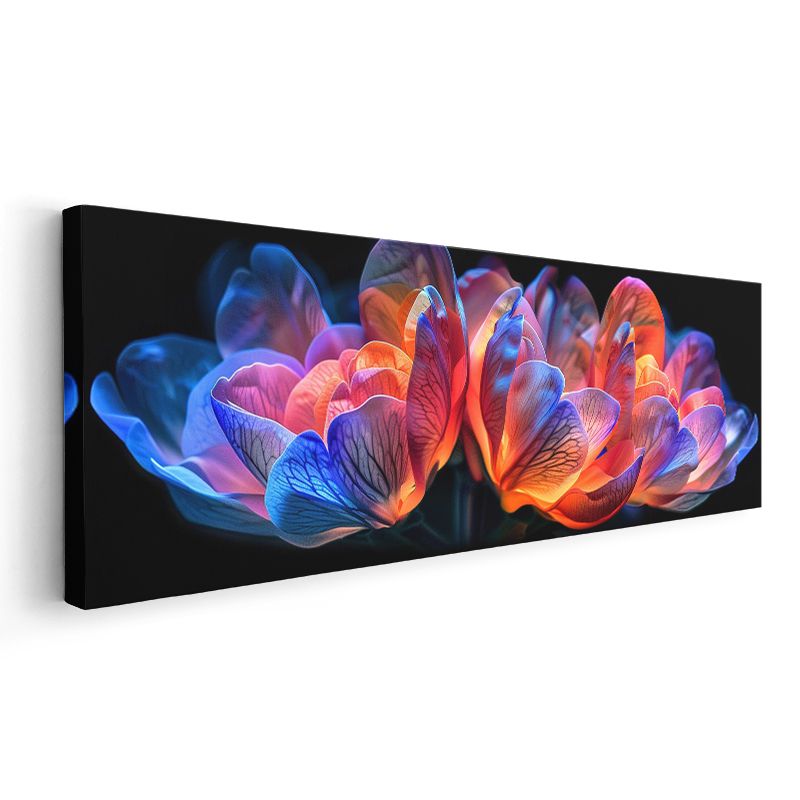 Neon Çiçekler - Siyah Zeminde Çok Renkli Işıltılı Kompozisyon Kanvas Tablo