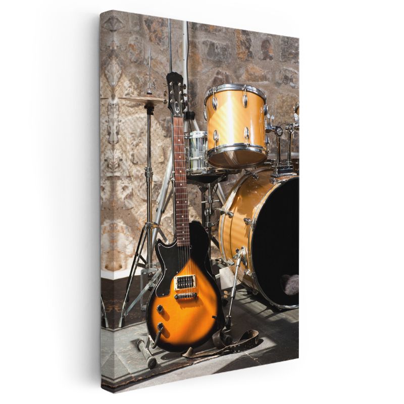 Rock Müzik Ekipmanları - Elektro Gitar ve Davul Seti Kanvas Tablo