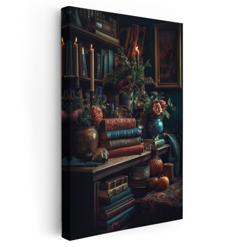 Nostaljik Kütüphane - Klasik Kitaplar ve Mumlarla Süslenmiş Kanvas Tablo