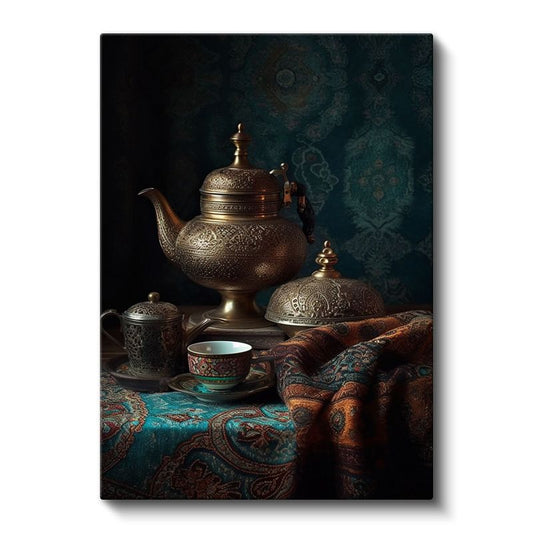 Geleneksel Çay Seremonisi - Antik Bakır Demlik Kompozisyonu Kanvas Tablo