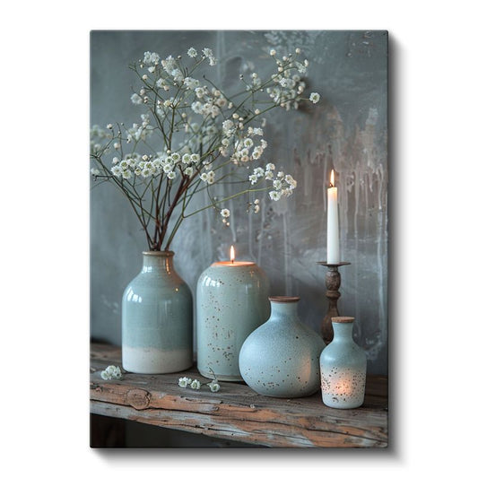 Huzur Köşesi - Turkuaz Seramik Vazolar ve Mumlar Kanvas Tablo