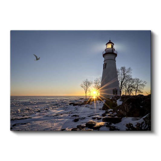 Deniz Feneri - Kış Gün Batımı Kanvas Tablo