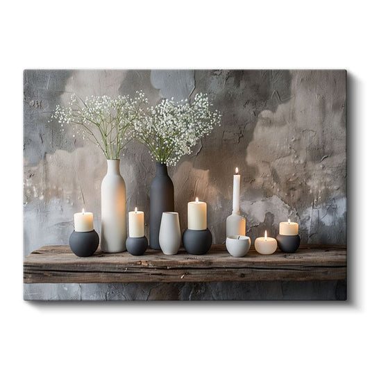 Minimalist Vazolar - Siyah Beyaz Mum Işığı Kanvas Tablo