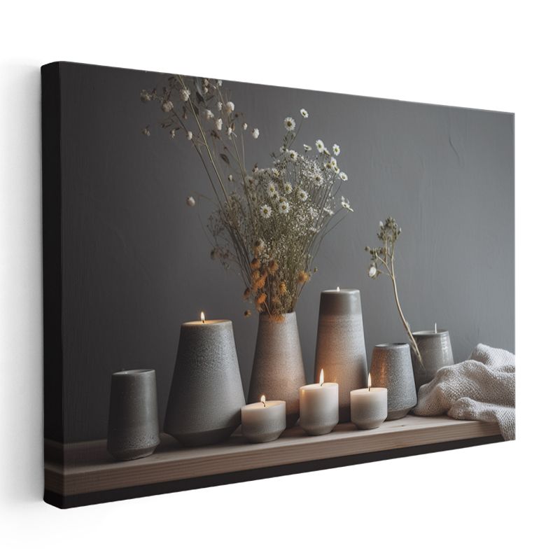 Minimalist Seramik Kompozisyon - Kurutulmuş Çiçekler ve Mumlar Kanvas Tablo