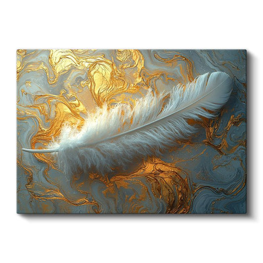 Altın Sıvı Doku - Zarif Beyaz Tüy Kanvas Tablo