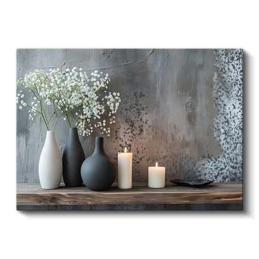 Minimalist Dekor - Beyaz Çiçekler ve Mumlar Kanvas Tablo