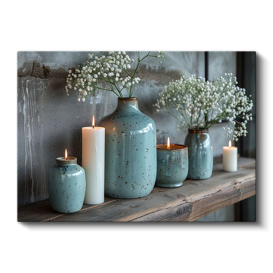 Turkuaz Vazolar - Beyaz Çiçeklerle Dekoratif Düzenleme Kanvas Tablo