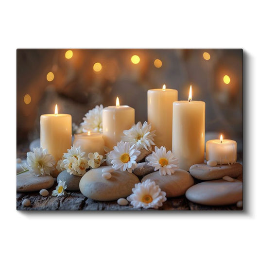 Huzur Köşesi - Mumlar ve Papatyalarla Meditasyon Kanvas Tablo