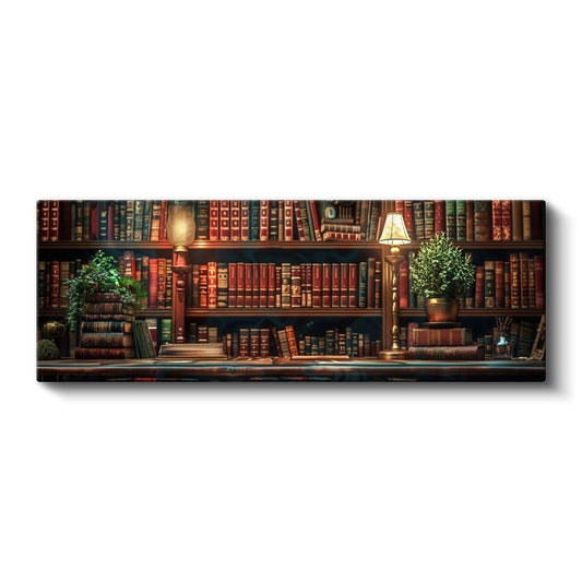 Nostaljik Kitaplık - Klasik Ciltler ve Yeşil Bitkilerle Tasarım Kanvas Tablo