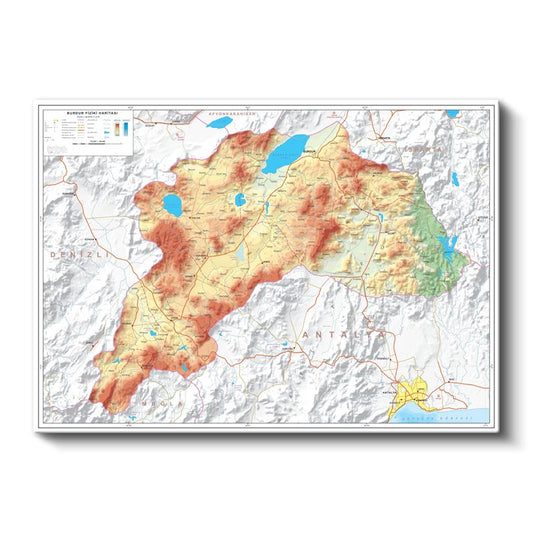 Burdur - Fiziki Haritası Kanvas Tablo