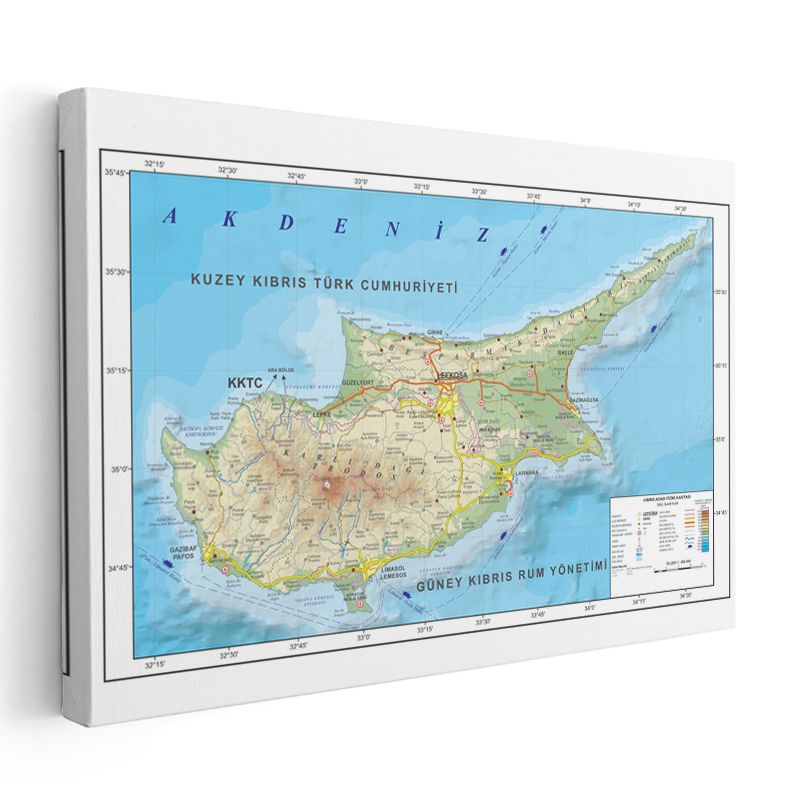 Kıbrıs - Fiziki Haritası Kanvas Tablo